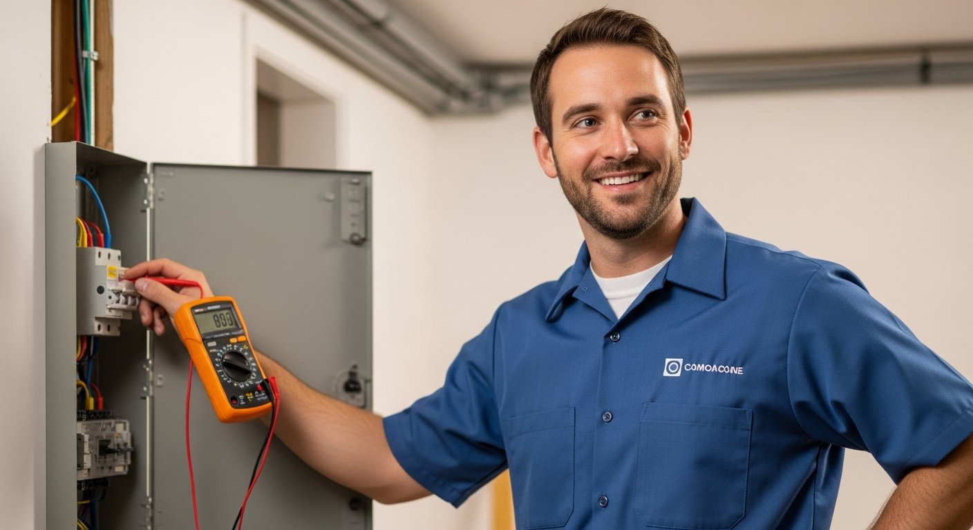 Hats The Electrician - trusted electrician in Huddersfield standing in a modern kitchen with new sockets and LED spotlights